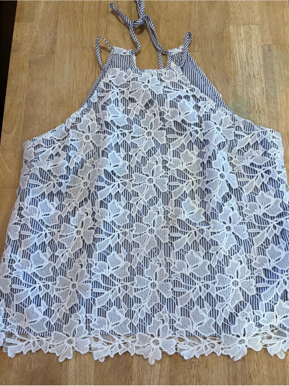 Adiva White Floral Lace Overlay Striped Halter Tank